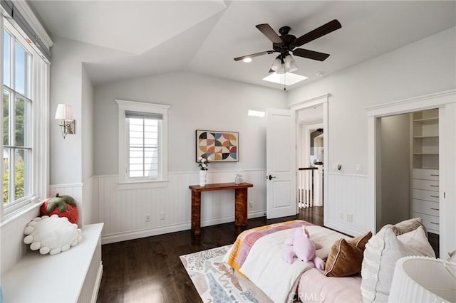 2711 Elm Ave, Manhattan Beach, CA 90266 - bedroom with wainscoting, dark wood finished floors, lofted ceiling, and ceiling fan