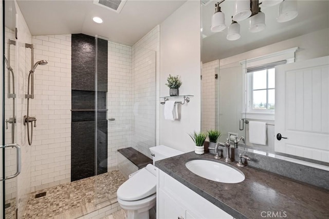 2711 Elm Ave, Manhattan Beach, CA 90266 - full bath with a fireplace, a shower stall, toilet, vanity, and lofted ceiling