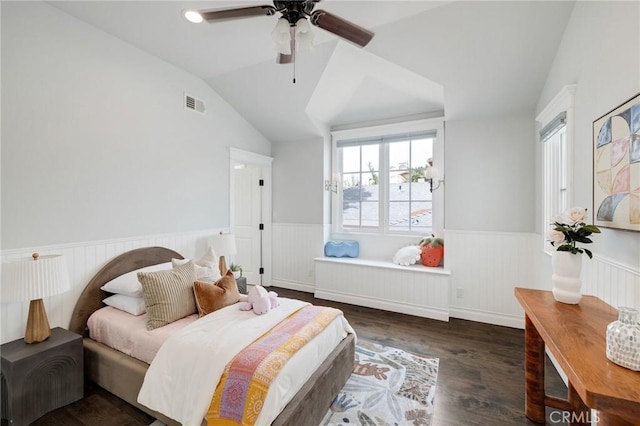 2711 Elm Ave, Manhattan Beach, CA 90266 - bedroom featuring a wainscoted wall, vaulted ceiling, radiator heating unit, wood finished floors, and a ceiling fan