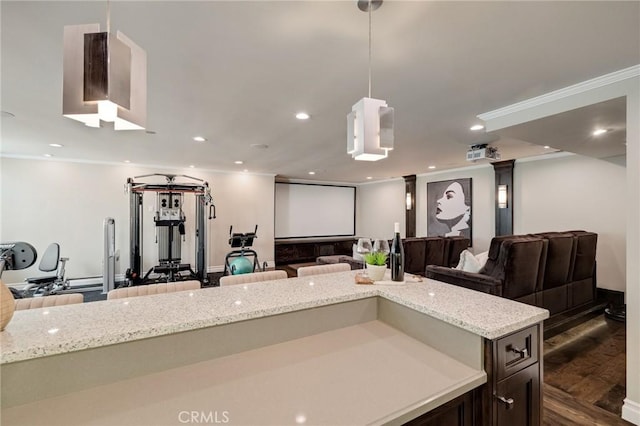 2711 Elm Ave, Manhattan Beach, CA 90266 - kitchen with open floor plan, light stone countertops, dark wood-style floors, pendant lighting, and recessed lighting