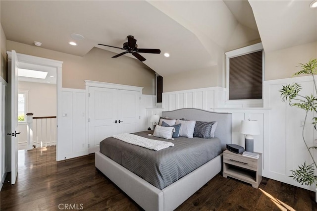 2711 Elm Ave, Manhattan Beach, CA 90266 - bedroom with lofted ceiling, dark wood finished floors, recessed lighting, ceiling fan, and a closet