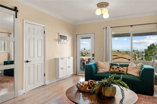 2217 S Gaffey St, San Pedro, CA 90731 - living room with light wood-style floors, crown molding, and a barn door