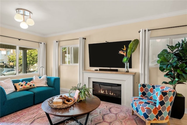 living room featuring crown molding, a glass covered fireplace, wood finished floors, and baseboards