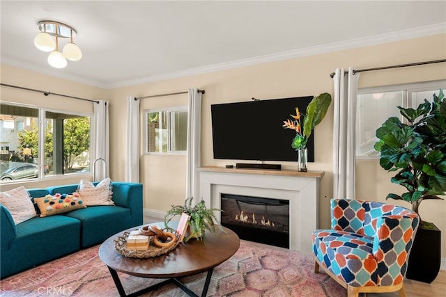 2217 S Gaffey St, San Pedro, CA 90731 - living area with crown molding, a glass covered fireplace, and wood finished floors