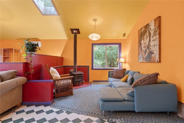 5338 Deception River Rd, Chico, CA 95928 - living area with a wood stove, a skylight, and lofted ceiling
