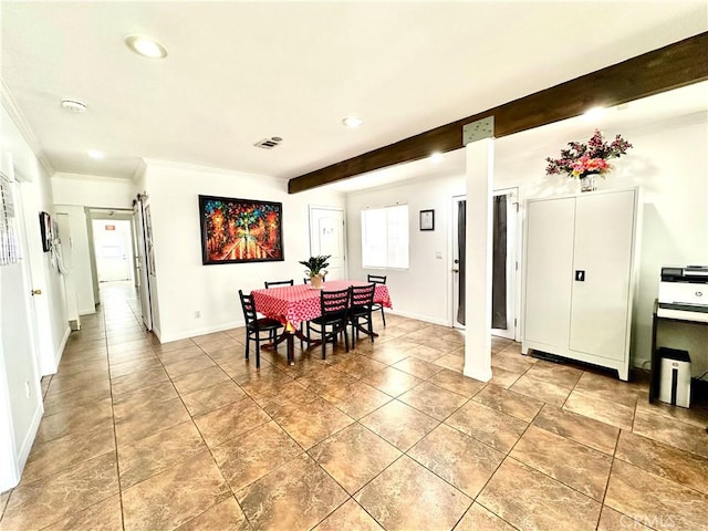 140 S Vendome St, Los Angeles, CA 90057 - dining space featuring crown molding, beam ceiling, recessed lighting, baseboards, and light tile patterned floors