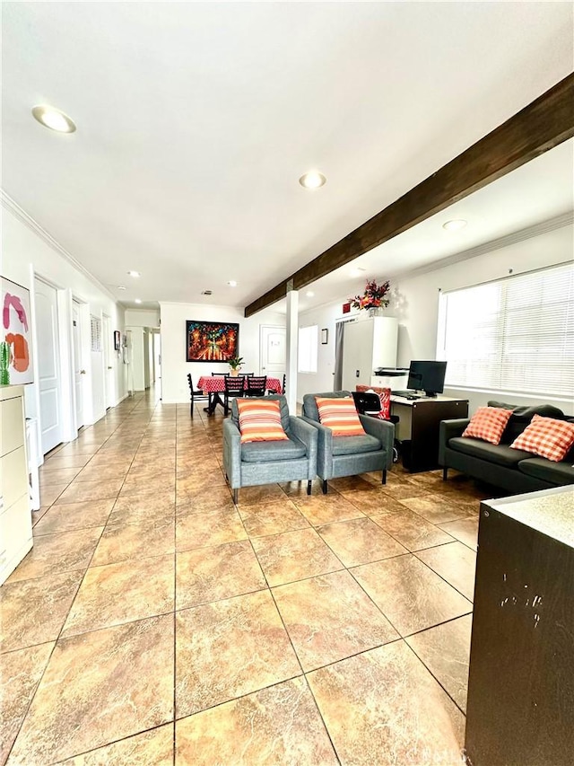 140 S Vendome St, Los Angeles, CA 90057 - living area featuring light tile patterned flooring, recessed lighting, beamed ceiling, and crown molding