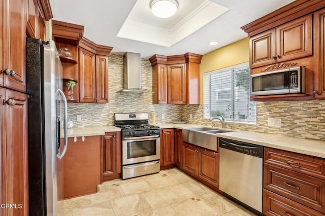 856 E Rio Grande St, Pasadena, CA 91104 - kitchen with stainless steel appliances, wall chimney range hood, a sink, a tray ceiling, and tasteful backsplash