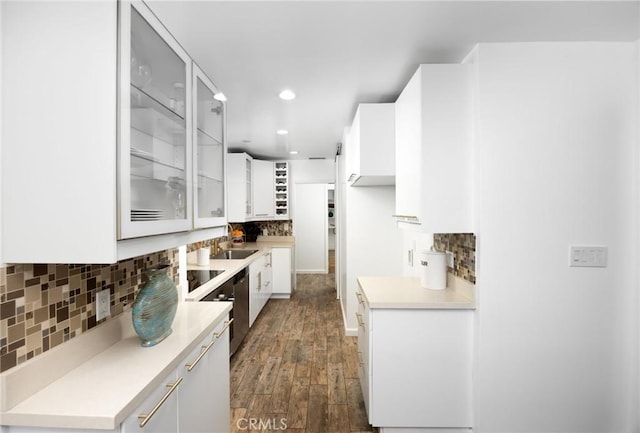 810 W Rte 66, Glendora, CA 91740 - kitchen featuring backsplash, white cabinets, dark wood finished floors, a sink, and light countertops