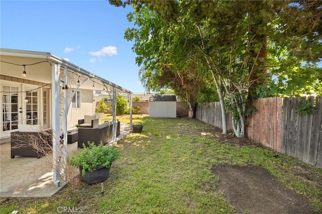 810 W Rte 66, Glendora, CA 91740 - view of yard with outdoor lounge area, french doors, a storage unit, a patio, and an outdoor structure