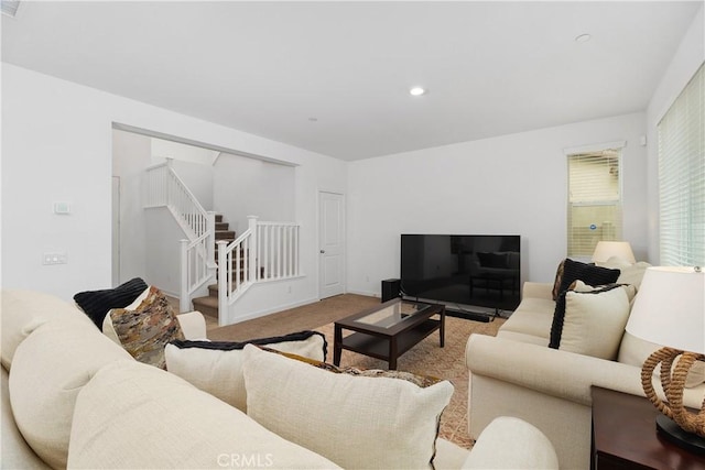 36936 Buccella Ln, Beaumont, CA 92223 - living area with stairs, carpet floors, and recessed lighting