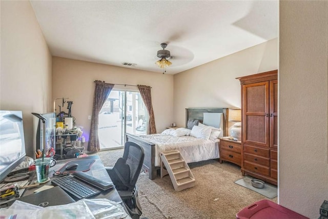 bedroom with carpet, access to outside, and a ceiling fan