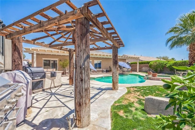 view of pool featuring a pergola, a grill, a patio area, and fence