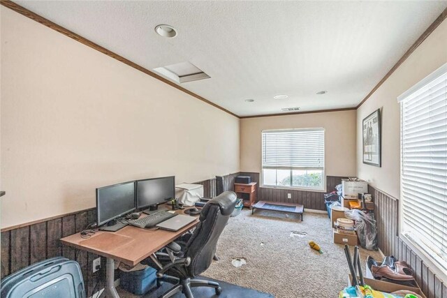 carpeted office space featuring a wainscoted wall, ornamental molding, wood walls, a textured ceiling, and attic access