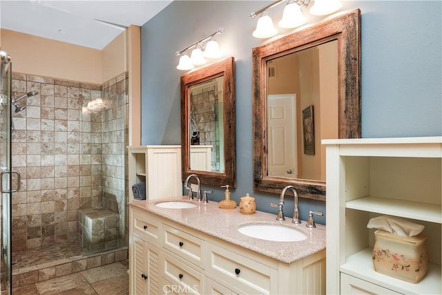 5126 E Paddington Ct Unit F, Orange, CA 92867 - bathroom with a stall shower, double vanity, and tile patterned flooring