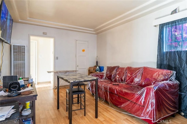 living room with a heating unit, a raised ceiling, and light wood-style floors