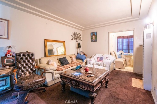 living area featuring carpet flooring and a tray ceiling