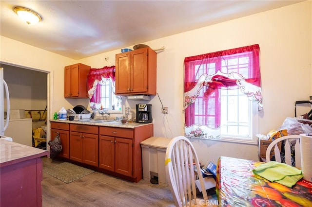 kitchen featuring light wood-style flooring, light countertops, a sink, brown cabinetry, and fridge