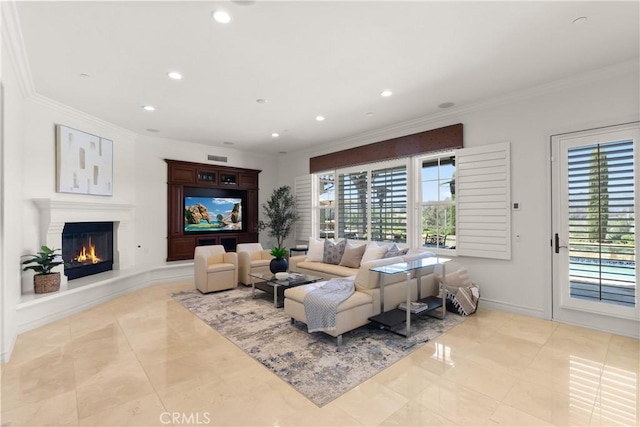 27371 Via Priorato, San Juan Capistrano, CA 92675 - living room with crown molding, a glass covered fireplace, recessed lighting, and baseboards