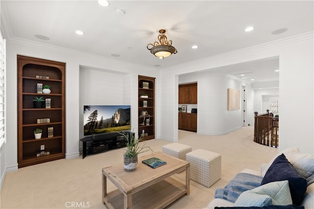 27371 Via Priorato, San Juan Capistrano, CA 92675 - living room featuring light colored carpet, crown molding, recessed lighting, built in features, and baseboards