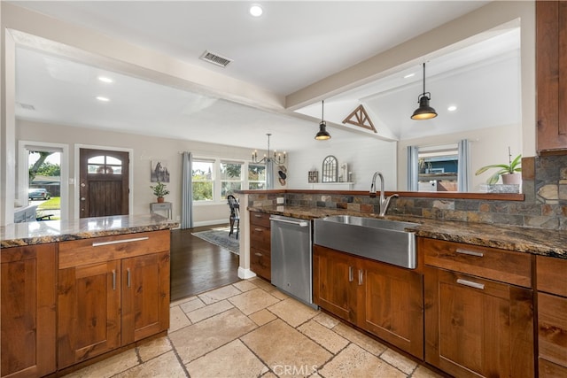 2731 N Rutgers Ave, Long Beach, CA 90815 - kitchen with a sink, stainless steel dishwasher, recessed lighting, brown cabinets, and beam ceiling