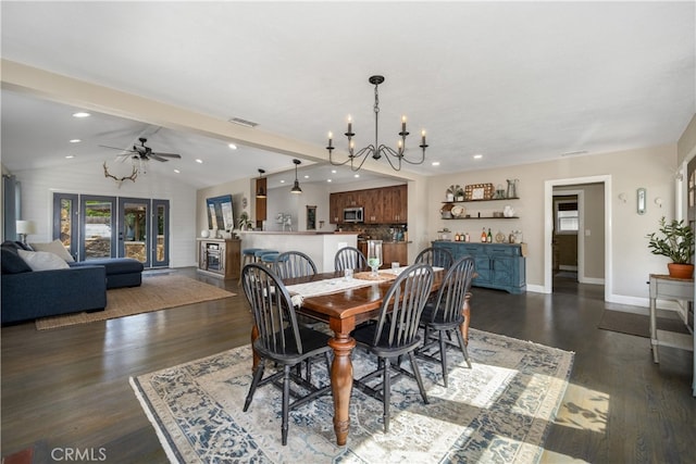 2731 N Rutgers Ave, Long Beach, CA 90815 - dining space featuring a chandelier, dark wood-type flooring, baseboards, a ceiling fan, and recessed lighting