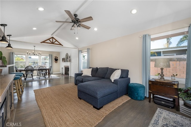 2731 N Rutgers Ave, Long Beach, CA 90815 - living room with ceiling fan, a chandelier, dark wood-style flooring, recessed lighting, and a fireplace