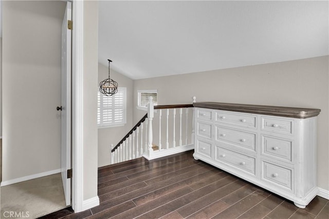 1490 Descanso St Unit 3, San Luis Obispo, CA 93405 - corridor featuring an upstairs landing, dark wood-type flooring, lofted ceiling, and baseboards