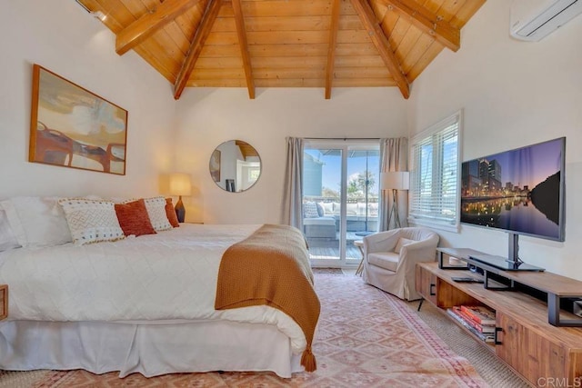 bedroom featuring wooden ceiling, a wall mounted AC, and access to exterior