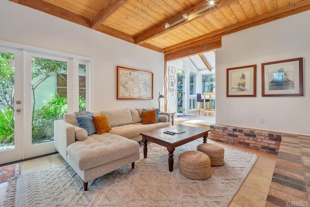 living area with wood ceiling and light tile patterned flooring