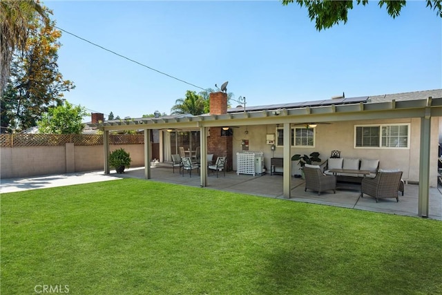 180 N De Lay Ave, Covina, CA 91723 - back of house with outdoor lounge area, roof mounted solar panels, a chimney, a pergola, and a patio