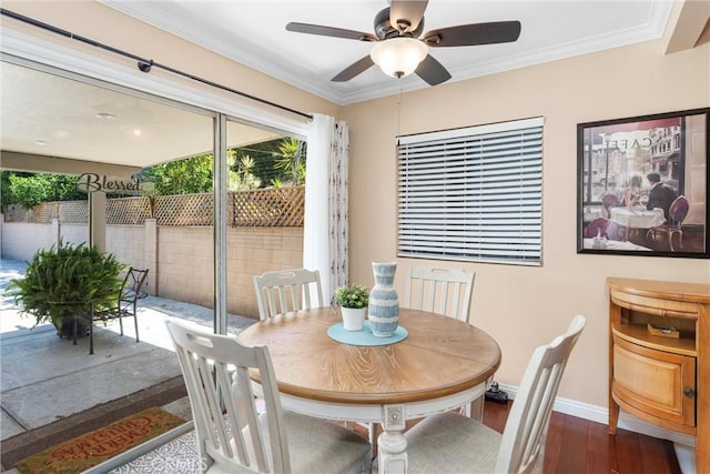180 N De Lay Ave, Covina, CA 91723 - dining area with dark wood-type flooring, ceiling fan, baseboards, and crown molding