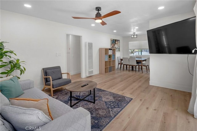 1075 Molino Ave Unit D, Long Beach, CA 90804 - living area with a heating unit, a ceiling fan, light wood-style floors, and recessed lighting