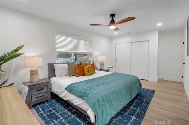 1075 Molino Ave Unit D, Long Beach, CA 90804 - bedroom featuring wood finished floors, a closet, recessed lighting, ceiling fan, and baseboards