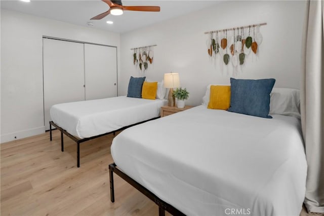 1075 Molino Ave Unit D, Long Beach, CA 90804 - bedroom featuring wood finished floors, recessed lighting, a closet, and a ceiling fan