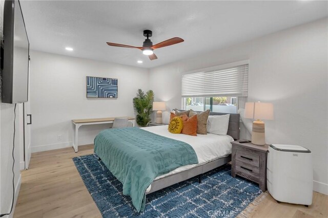 1075 Molino Ave Unit D, Long Beach, CA 90804 - bedroom featuring baseboards, wood finished floors, recessed lighting, and ceiling fan