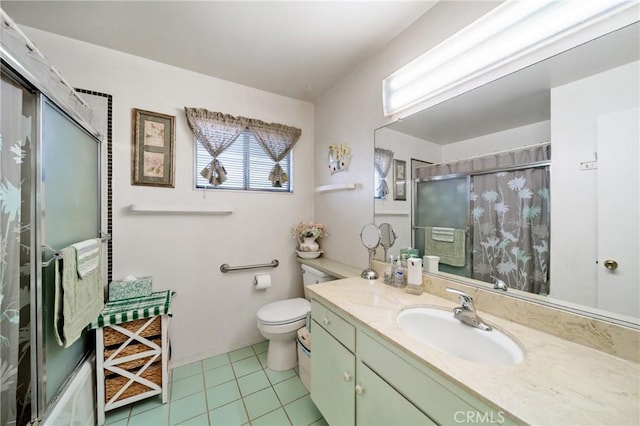 2204 Ruiz Pl, Hacienda Heights, CA 91745 - bathroom with curtained shower, tile patterned floors, vanity, and toilet