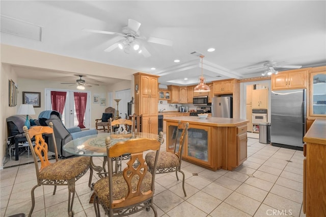 2137 N Murray St, Banning, CA 92220 - dining area with light tile patterned flooring, recessed lighting, and a ceiling fan