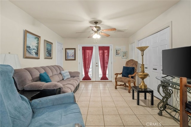 2137 N Murray St, Banning, CA 92220 - living room with french doors, light tile patterned floors, and ceiling fan