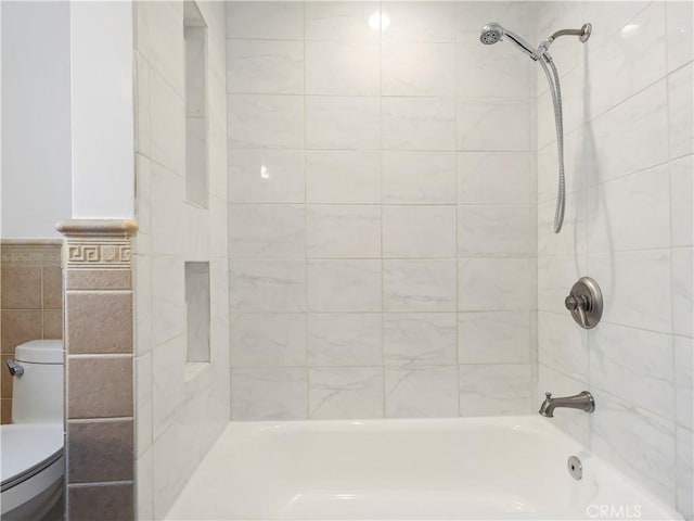 3627 Virginia St, La Crescenta, CA 91214 - full bathroom with toilet, tile walls, bathing tub / shower combination, and a wainscoted wall