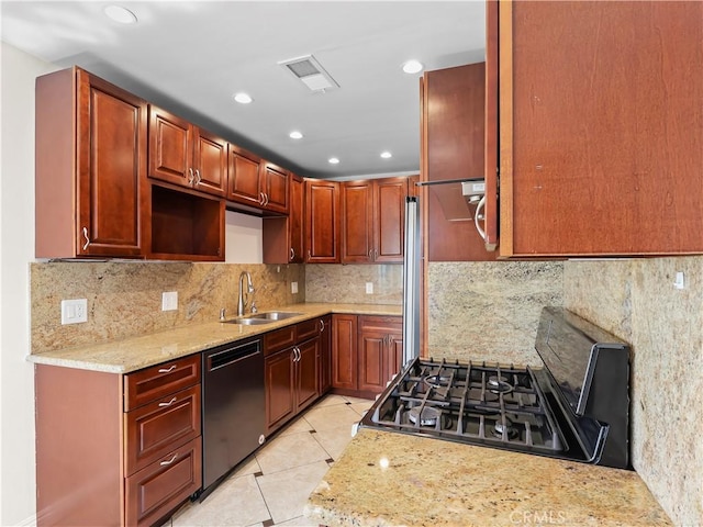3627 Virginia St, La Crescenta, CA 91214 - kitchen featuring dishwashing machine, a sink, black gas range, light tile patterned floors, and recessed lighting