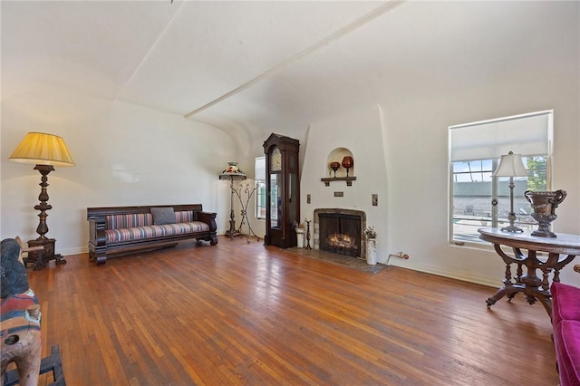 720 W La Habra Blvd, La Habra, CA 90631 - living room with wood finished floors, a fireplace with flush hearth, baseboards, and lofted ceiling