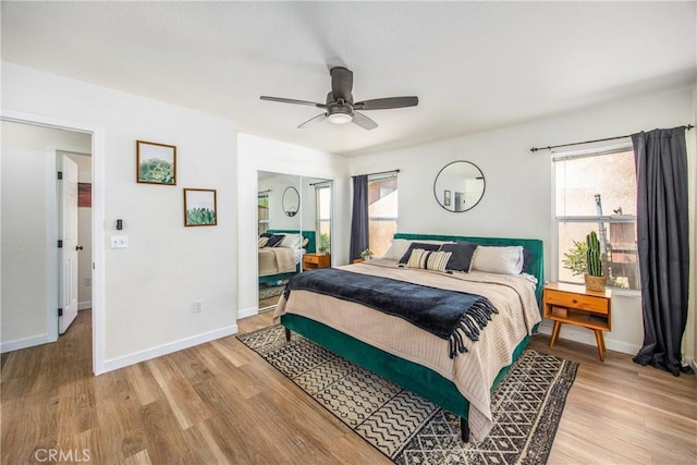 1388 E 39th St, San Bernardino, CA 92404 - bedroom with light wood finished floors, baseboards, a ceiling fan, and a closet