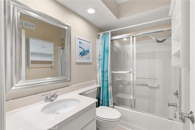 27345 Via Capri, San Juan Capistrano, CA 92675 - full bathroom with vanity, shower / tub combo with curtain, toilet, and recessed lighting