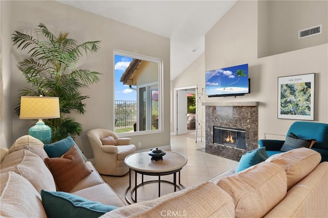 27345 Via Capri, San Juan Capistrano, CA 92675 - living room featuring a premium fireplace and high vaulted ceiling