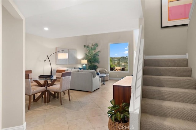27345 Via Capri, San Juan Capistrano, CA 92675 - living area featuring stairway, light tile patterned floors, baseboards, and recessed lighting