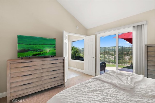 27345 Via Capri, San Juan Capistrano, CA 92675 - bedroom featuring access to exterior, carpet floors, lofted ceiling, and baseboards