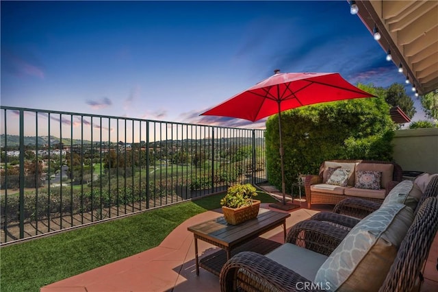 27345 Via Capri, San Juan Capistrano, CA 92675 - patio terrace at dusk featuring an outdoor hangout area and a patio