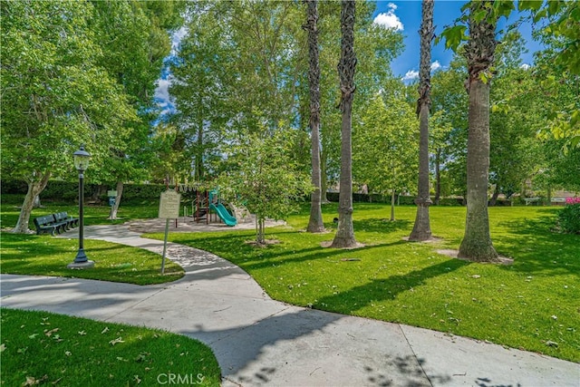 view of community with a yard and view of scattered trees