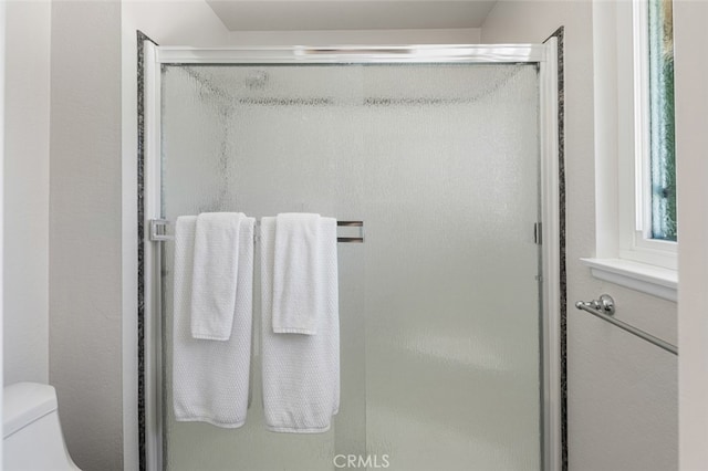 bathroom with a stall shower and toilet